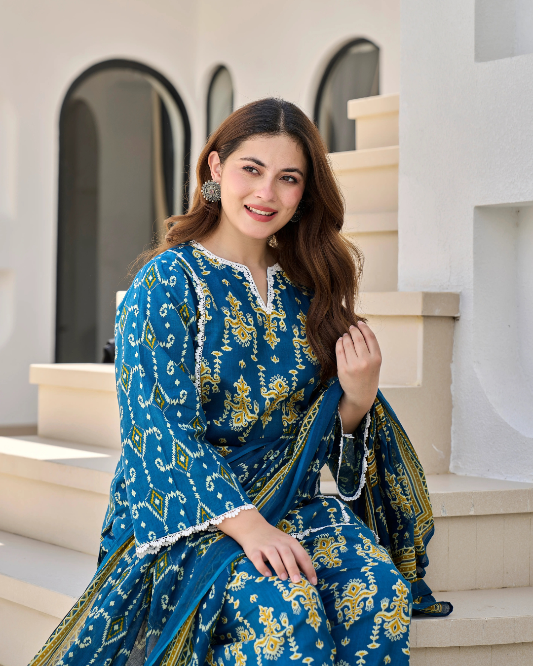 Royal Blue Pure Cotton Printed Farshi Suit Set