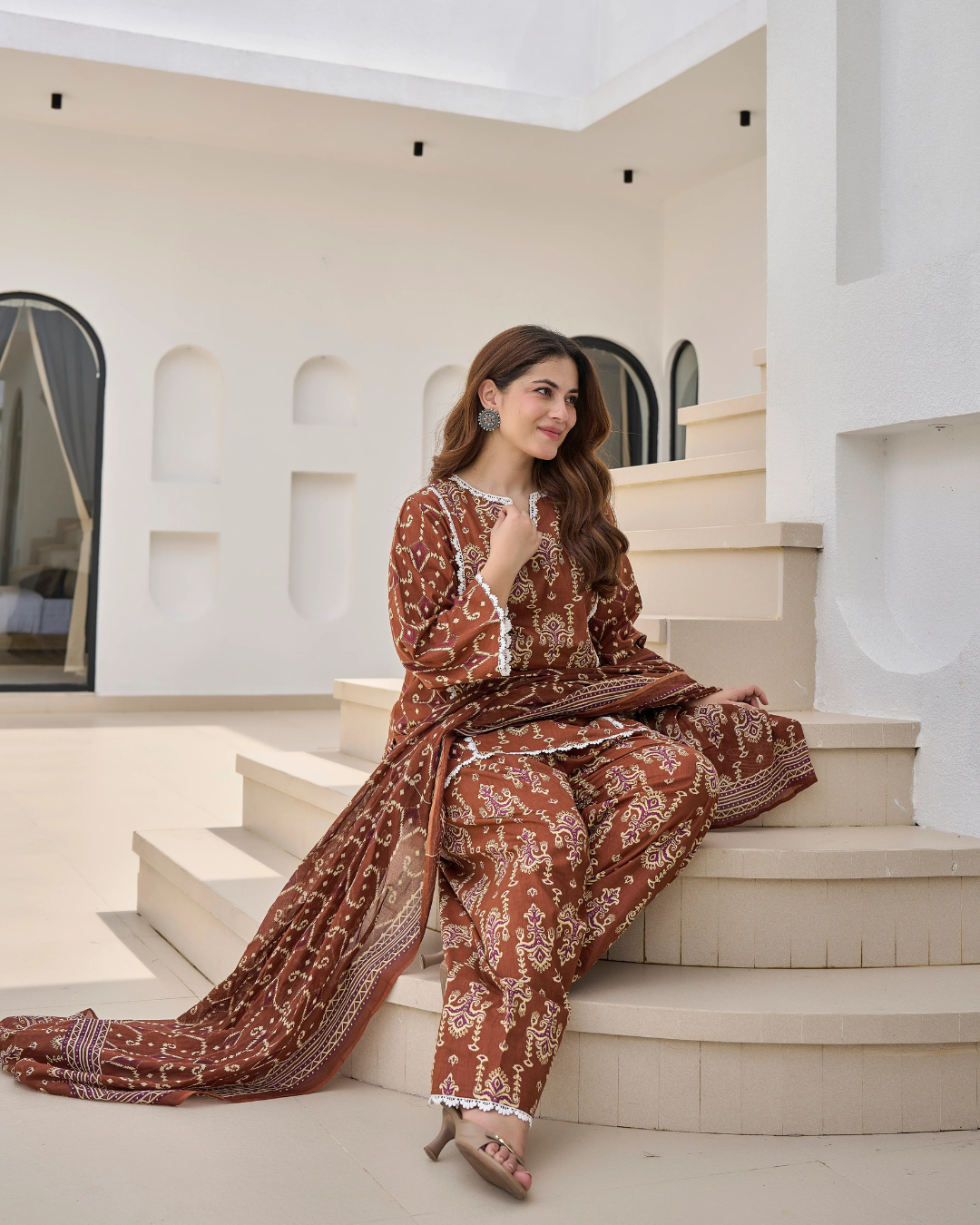 Brown Heritage Ethnic Print Pure Cotton Farshi Suit Set