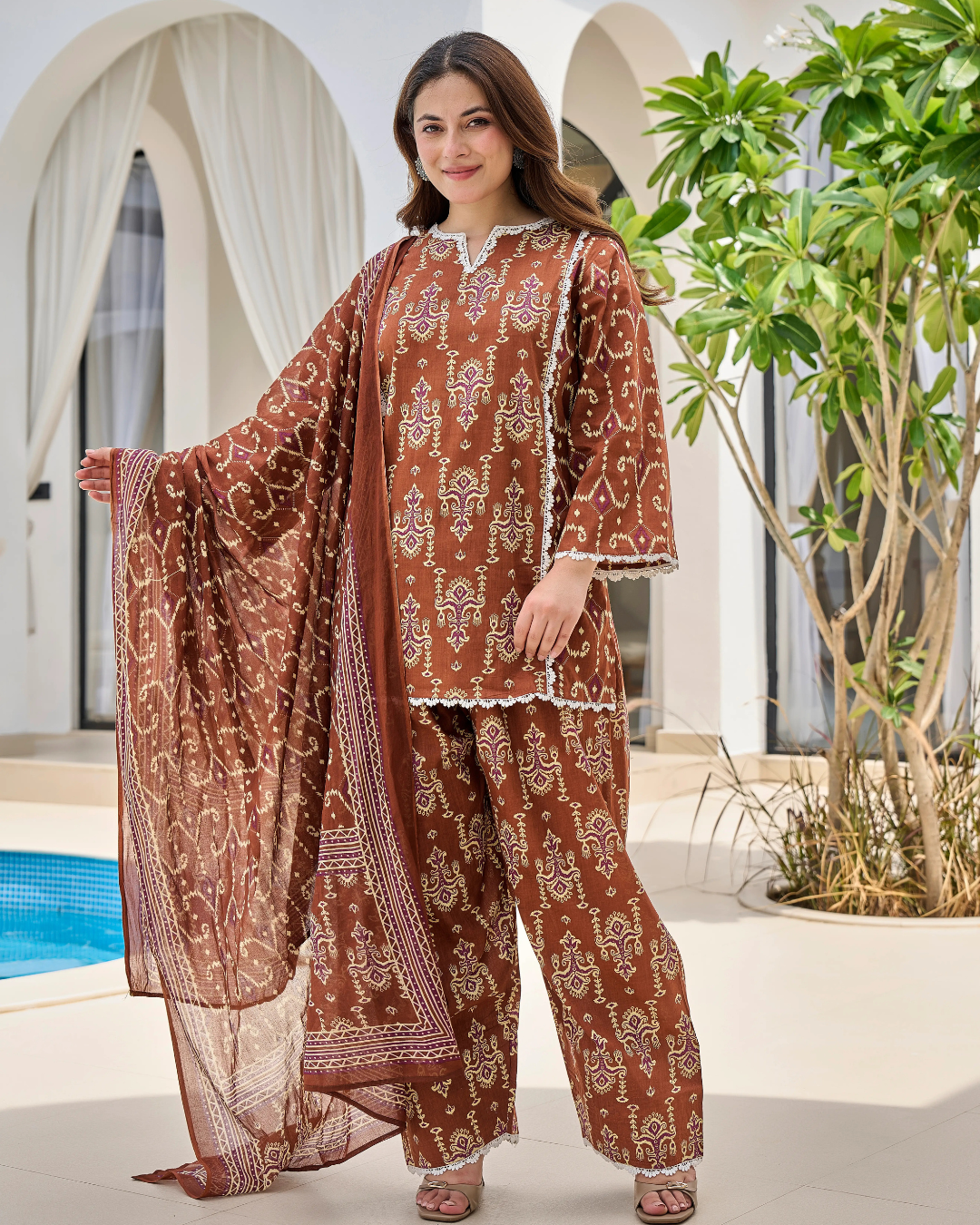 Brown Heritage Ethnic Print Pure Cotton Farshi Suit Set