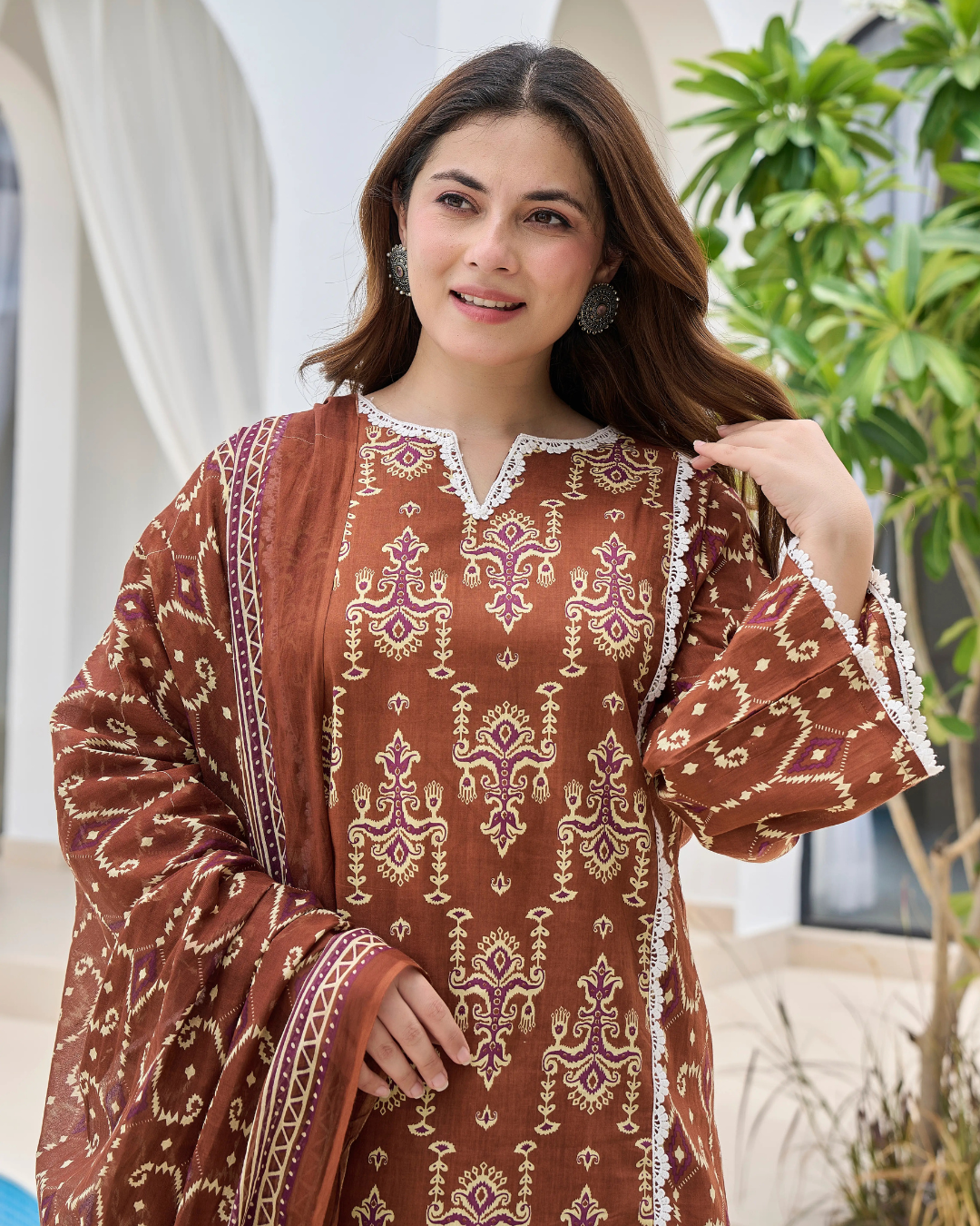 Brown Heritage Ethnic Print Pure Cotton Farshi Suit Set