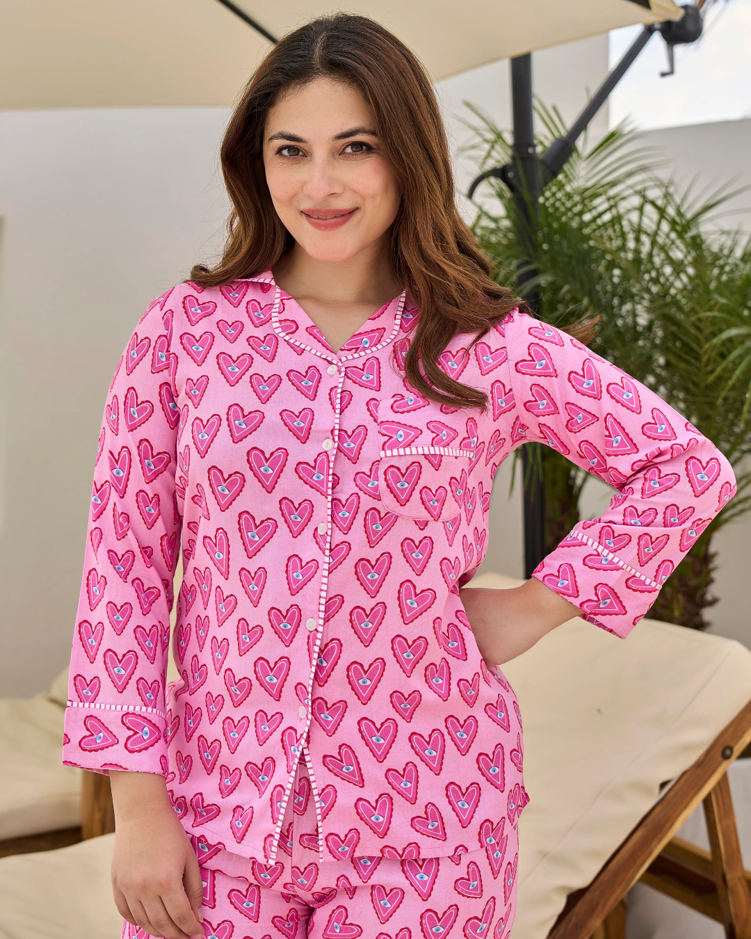 Sweetheart Pink Printed Night Suit Set for Women
