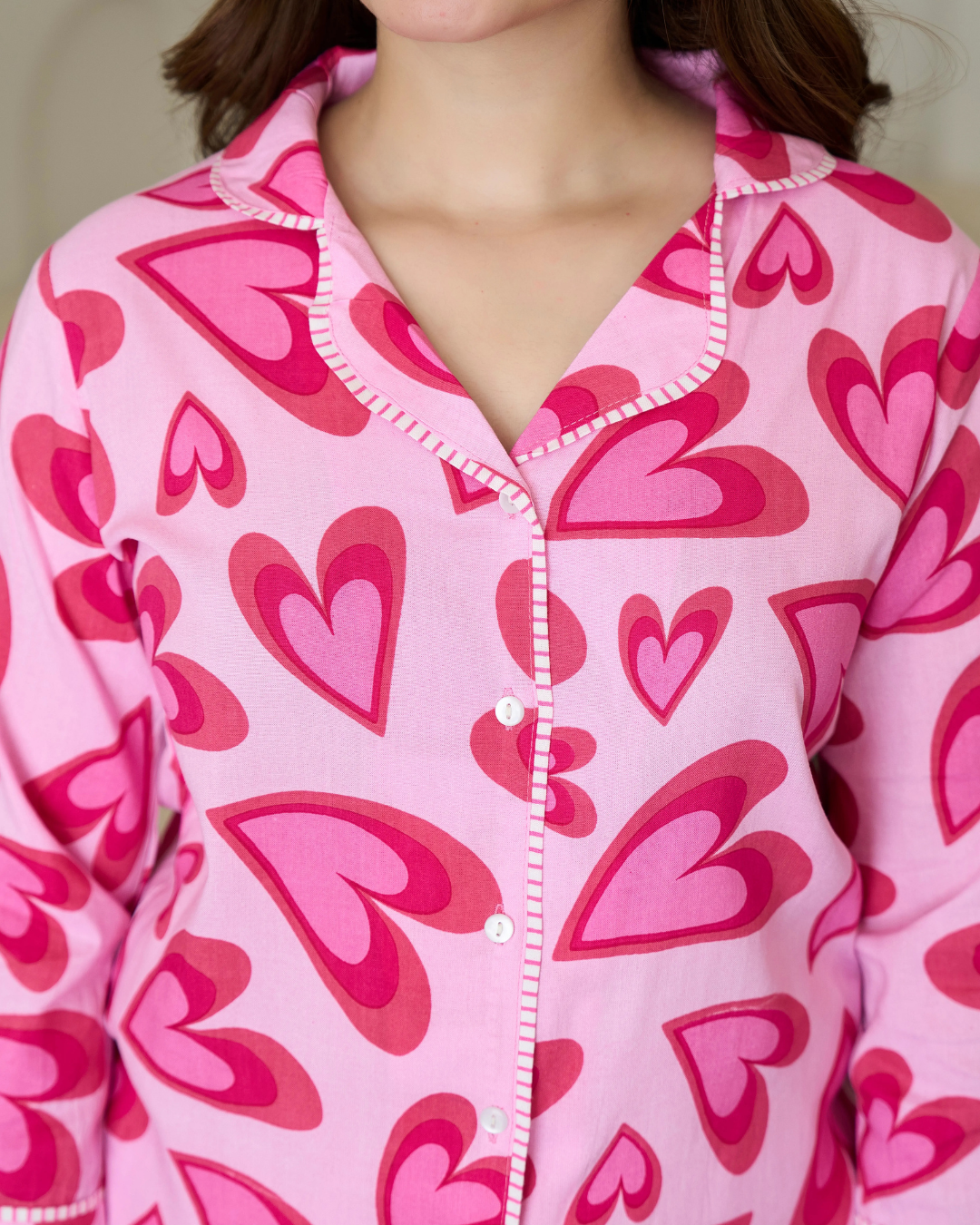 Pink Love Hearts Printed Cotton Nightwear Set