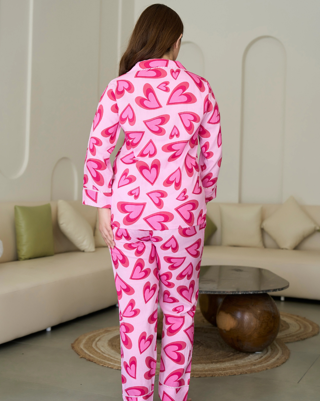 Pink Love Hearts Printed Cotton Nightwear Set