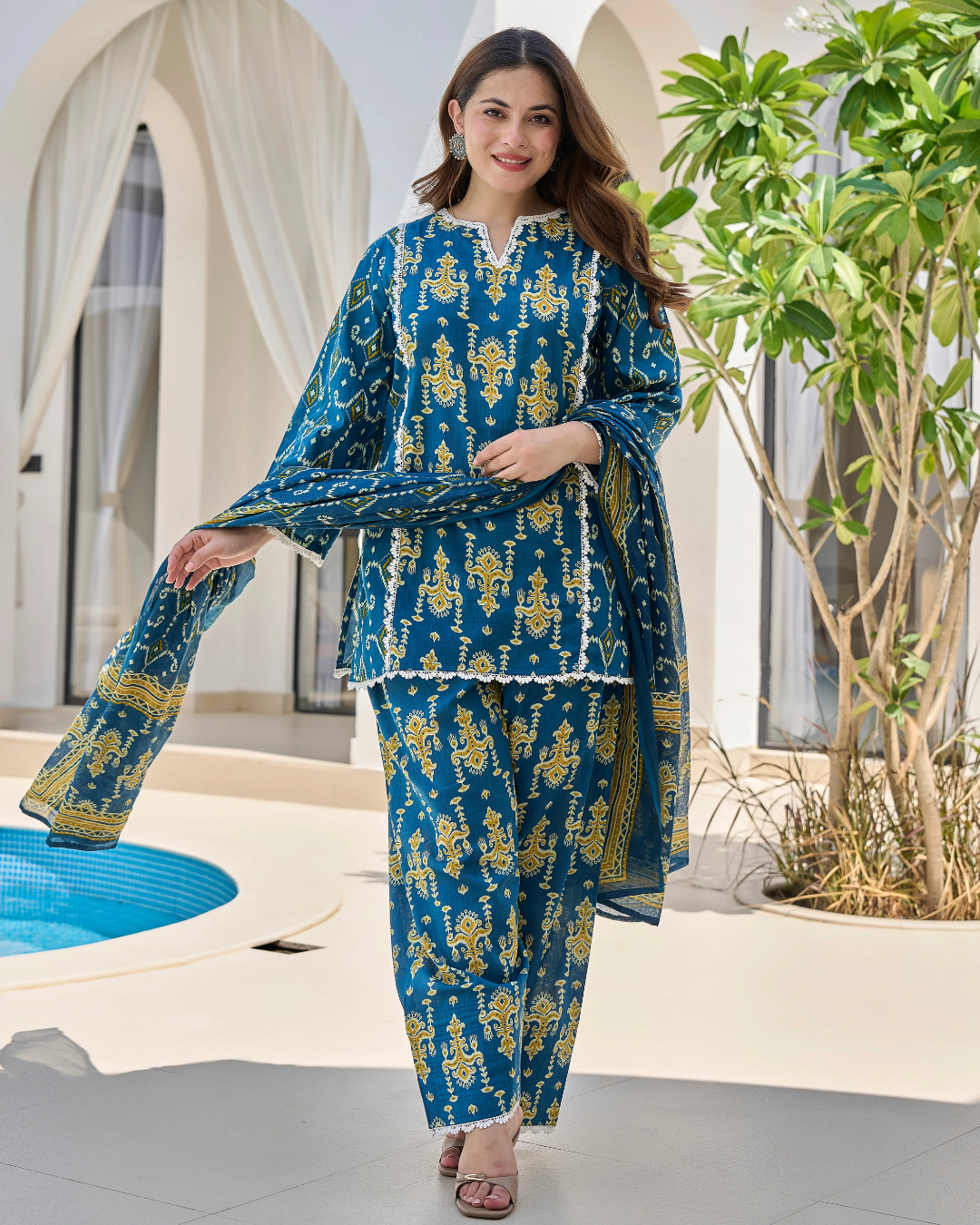 Royal Blue Pure Cotton Printed Farshi Suit Set