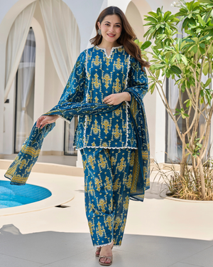 Royal Blue Pure Cotton Printed Farshi Suit Set