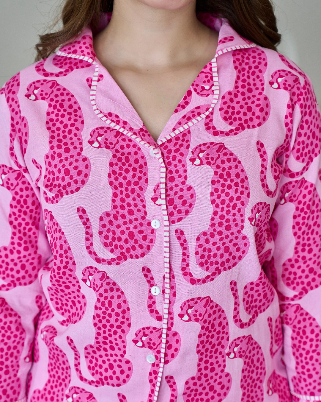Pink Leopard Print Cotton Nightwear Set for Women