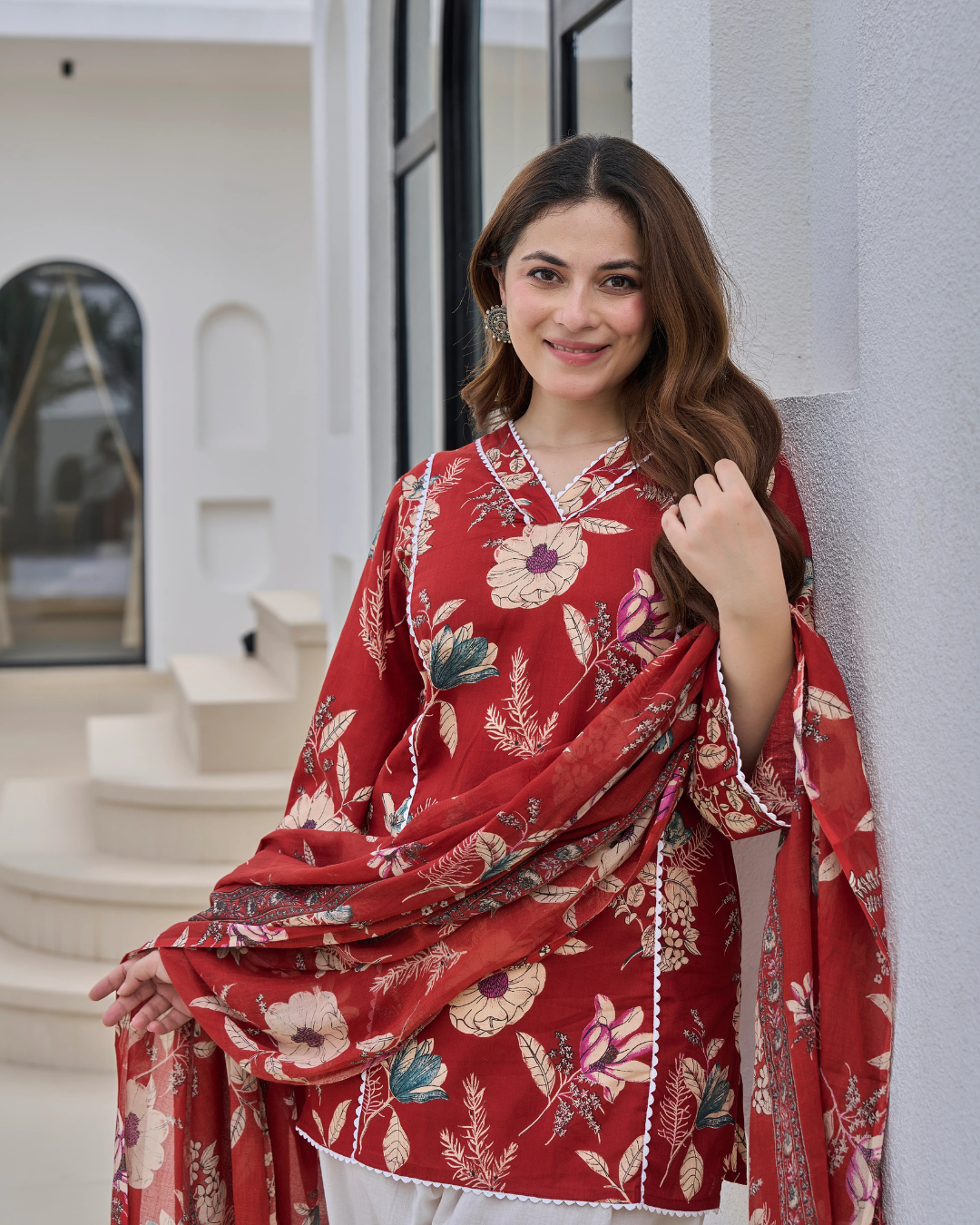 Maroon Floral Printed Pure Cotton Farshi Suit Set with Dupatta
