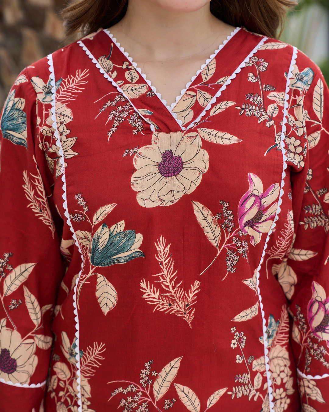 Maroon Floral Printed Pure Cotton Farshi Suit Set with Dupatta