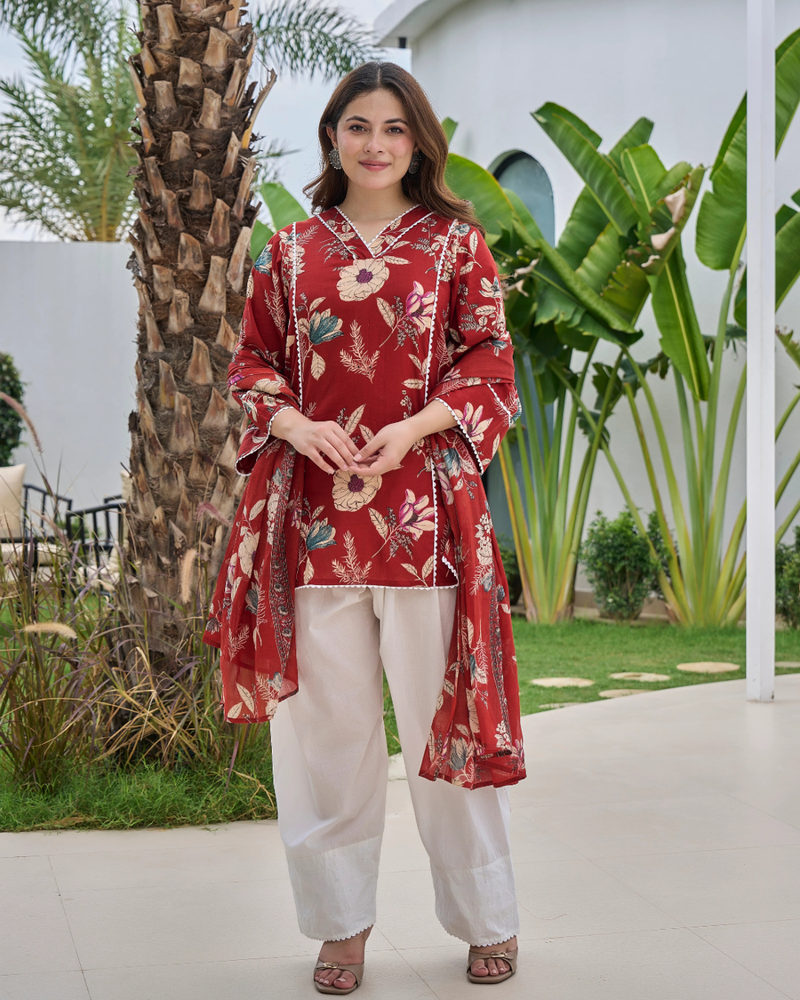 Maroon Floral Printed Pure Cotton Farshi Suit Set with Dupatta