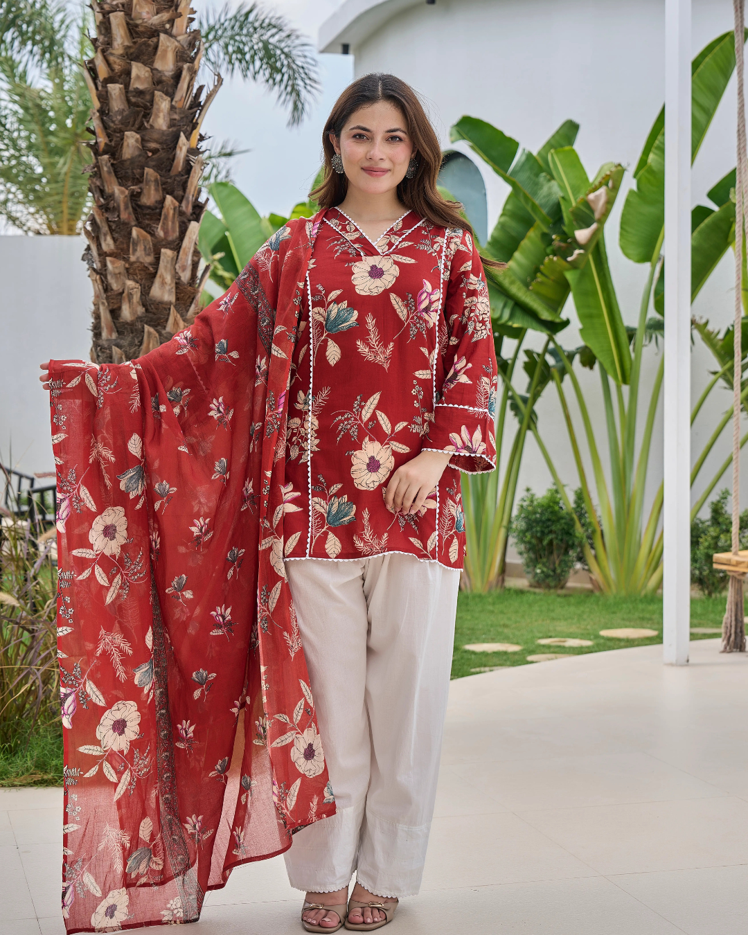 Maroon Floral Printed Pure Cotton Farshi Suit Set with Dupatta