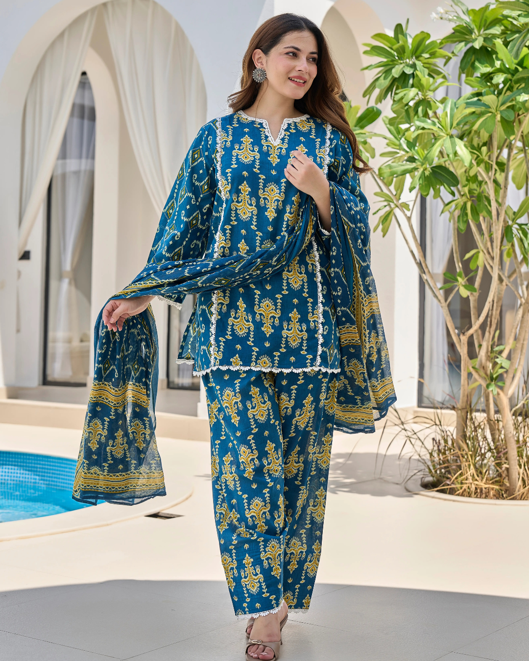 Royal Blue Pure Cotton Printed Farshi Suit Set