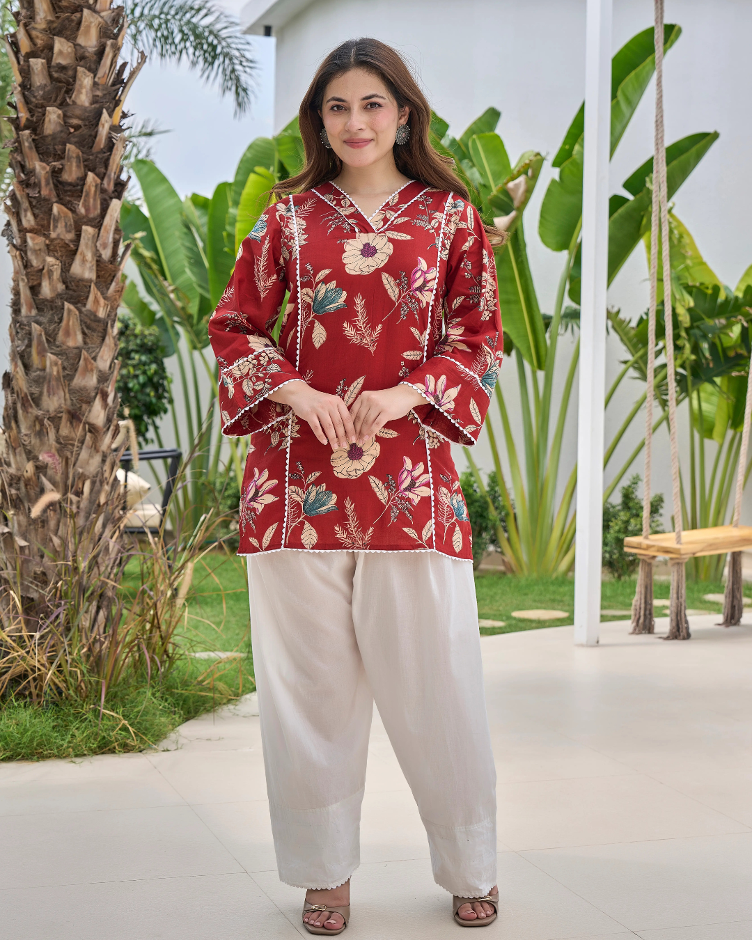 Maroon Floral Printed Pure Cotton Farshi Suit Set with Dupatta