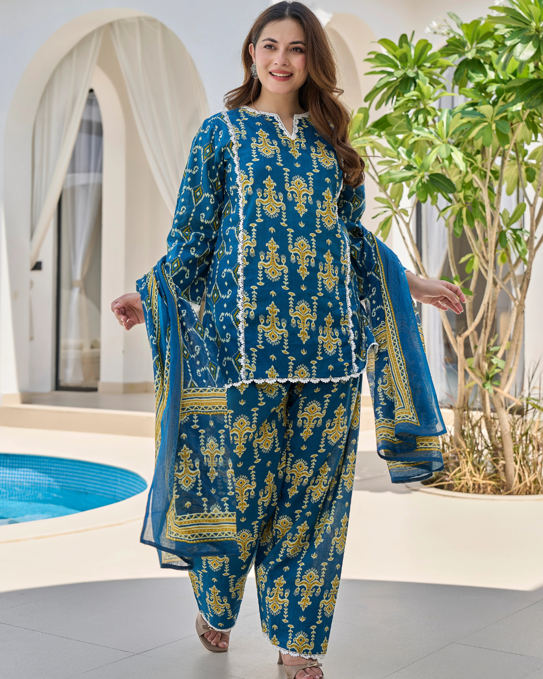 Royal Blue Pure Cotton Printed Farshi Suit Set